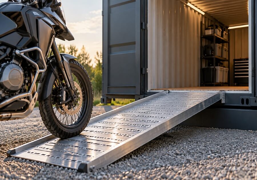 バイク用スロープを使ってコンテナへ出し入れしやすくした収納スペースの様子