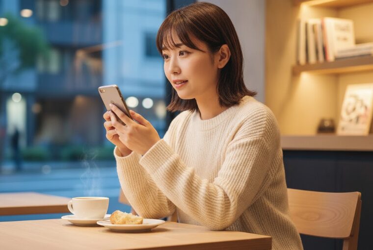 スマートフォンを操作してLINE申込限定特典を調べる日本人女性。