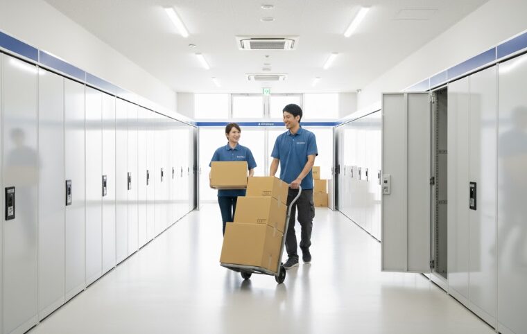 初回荷物運搬無料サービスを利用して、スタッフがトランクルームに荷物を運んでいる様子。
