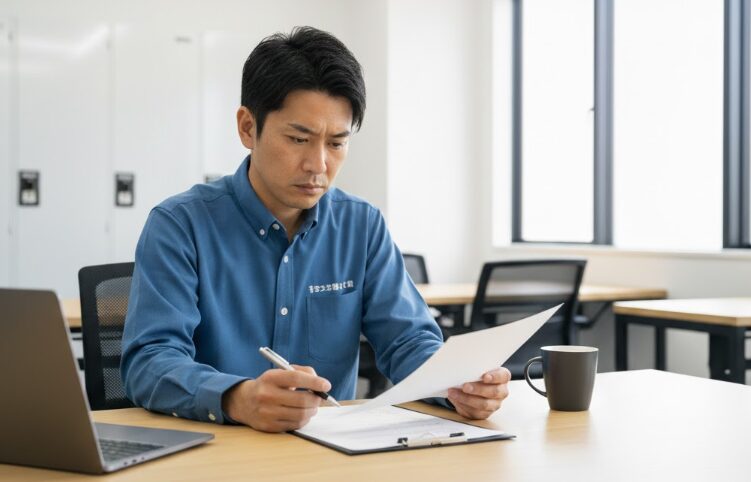 トランクルームの契約書を読み、最低利用期間などの条件を真剣に確認している日本人男性。