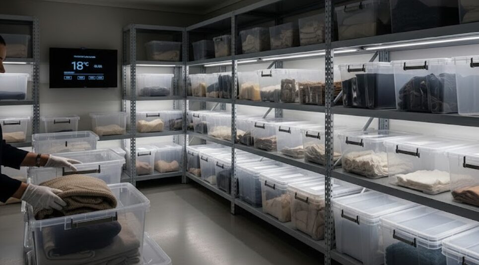 室内環境が管理されたトランクルームに、衣類などのデリケートな荷物を預ける様子。