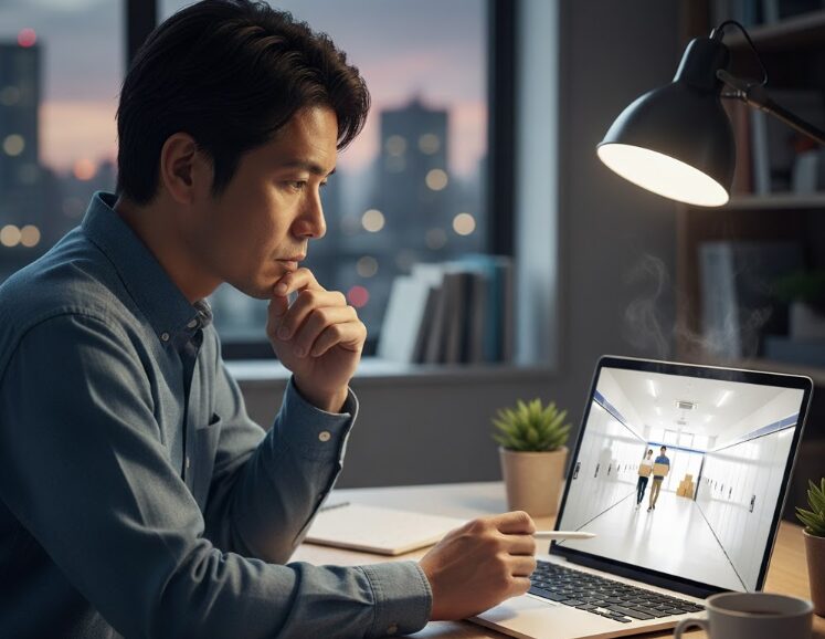 ハローストレージやキュラーズなど、他社のトランクルームとスペラボをパソコンで比較検討している日本人男性。