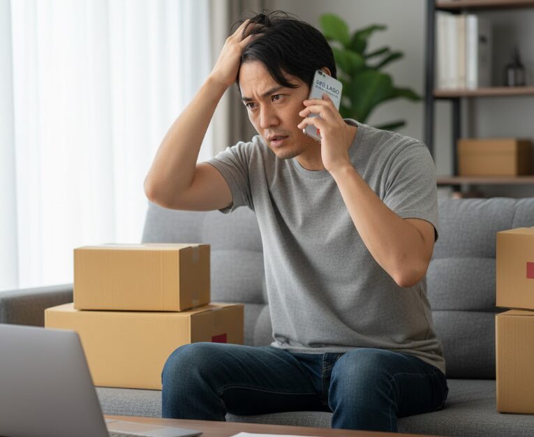 スペラボのカスタマーサポートに電話が繋がらず、自宅で困っている日本人男性