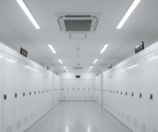 トランクルーム室内タイプの共用廊下に設置された空調設備と個室のドア