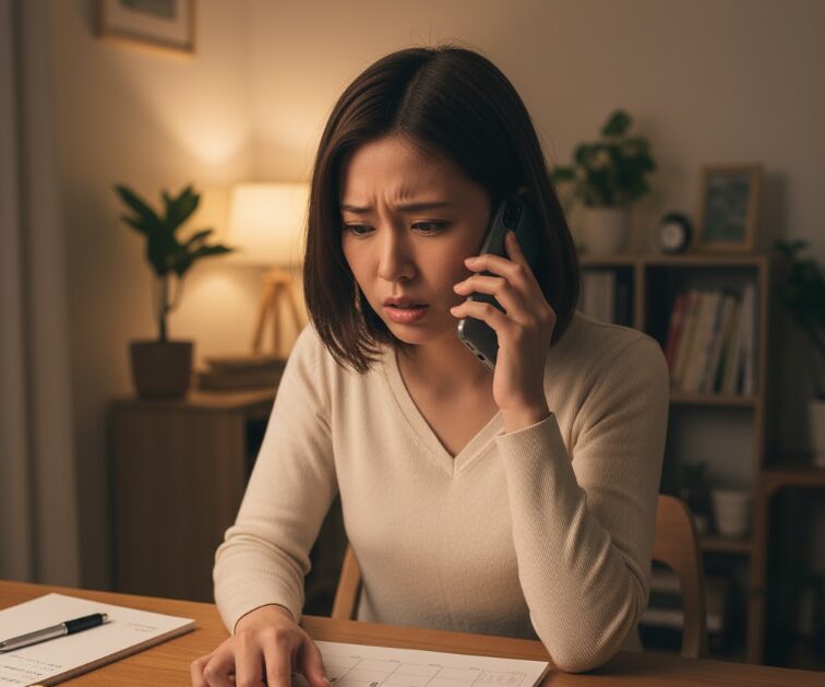 ハローストレージの解約の電話が繋がらず、スマートフォンとカレンダーを前に困っている女性