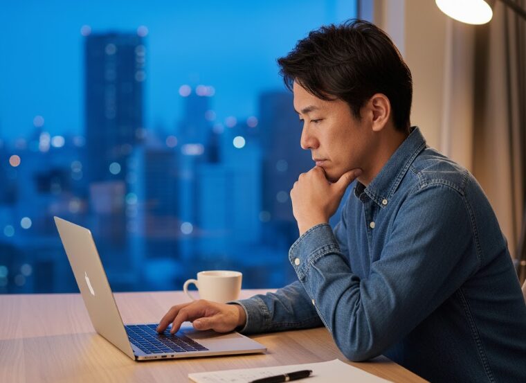 ハローストレージの契約前に、ノートパソコンで利用規約や審査内容を確認している様子