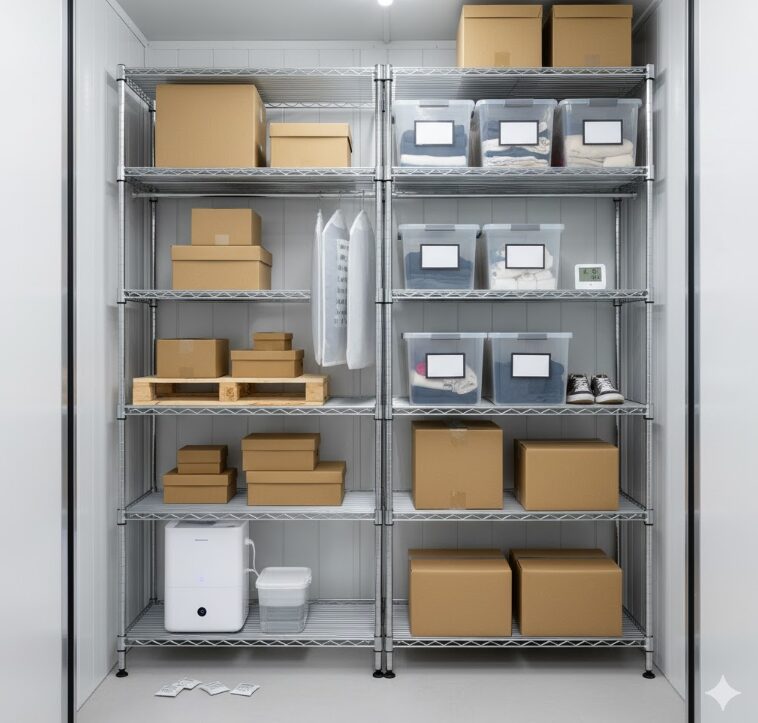 カビ対策として除湿器を置き、スチールラックで荷物を整理整頓した賢いトランクルームの活用例