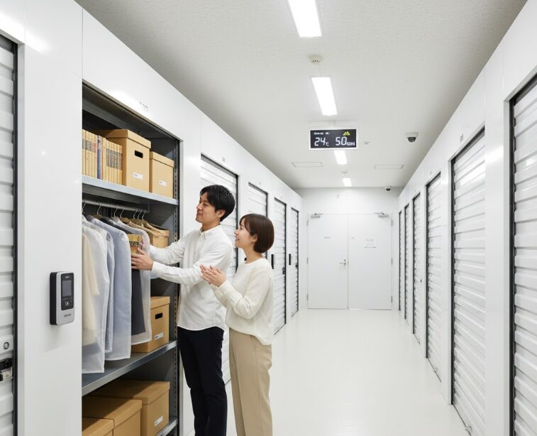 24時間空調管理がされ、清潔でセキュリティもしっかりした屋内型トランクルームで荷物を整理する男女