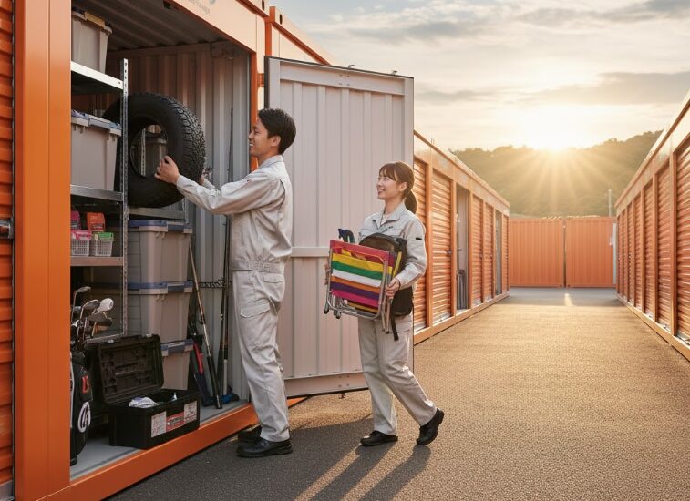 夕焼けを背景に、屋外型トランクルーム(ハロートランク)にタイヤやアウトドア用品を収納する二人