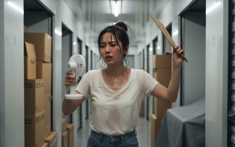 トランクルームで暑そうにしている女性