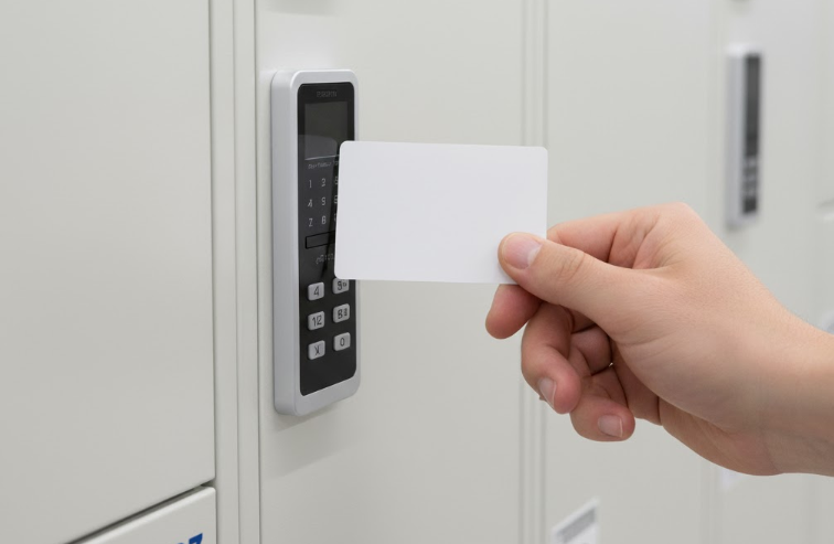 キュラーズの施設入館用セキュリティカードをリーダーにタッチしている様子