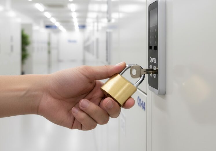 キュラーズの収納ユニットに南京錠(鍵)をかけている手元