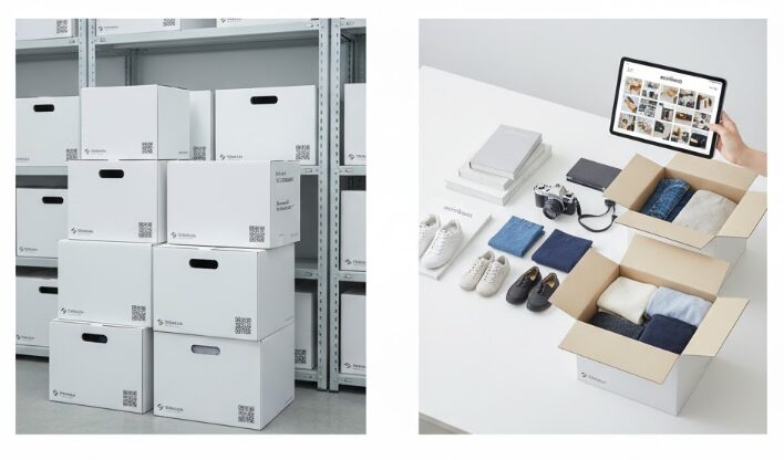 minikuraのHAKOプラン(箱ごと保管)とMONOプラン(アイテムごと写真撮影)の違いを視覚的に示す比較イメージ