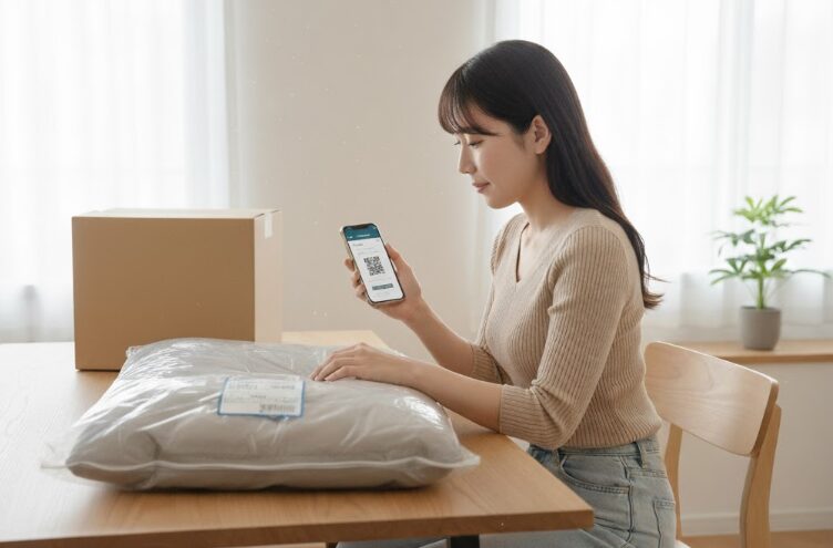 布団の保管サービスを利用するために手続きする女性