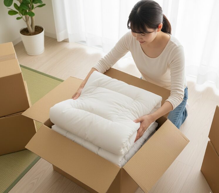 圧縮袋を使わずに、分厚い布団を畳んでそのまま大きなダンボール箱に梱包している様子を上から見た画像。