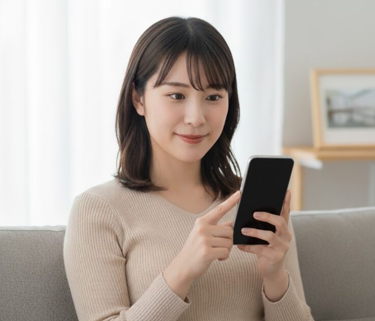 荷物が倉庫に到着した後、スマートフォンでミニクラのマイページにアクセスし、布団クリーニングオプションを申し込んでいる様子。