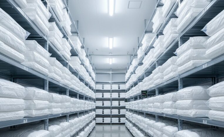 清潔で温度・湿度が管理された保管倉庫内部。棚には真空パックされた布団が整然と並んでいる。