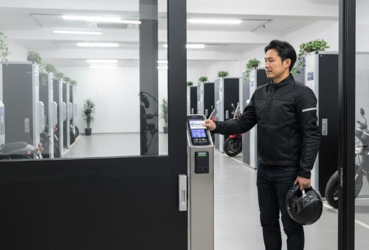 セキュリティカードを使いキュラーズ バイク パーキングに入館する日本人男性