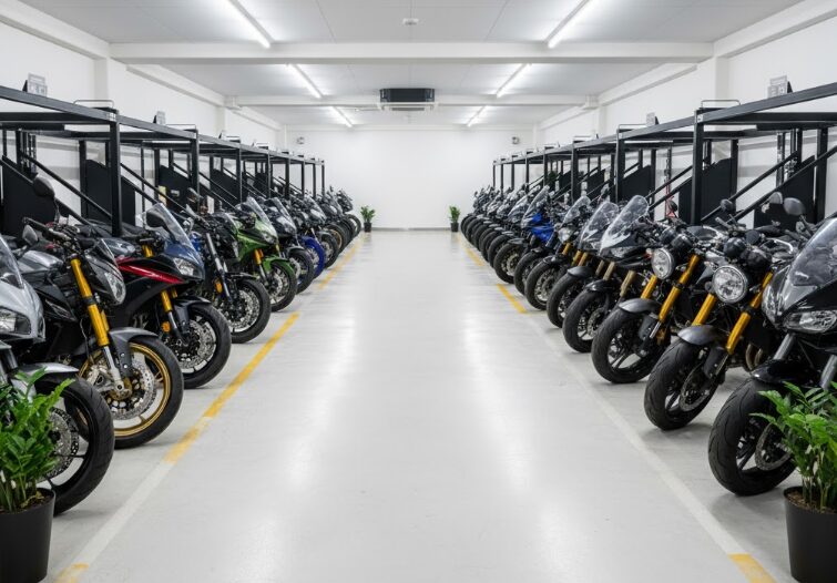 空調完備のキュラーズ バイク パーキングの室内に保管された大型バイク