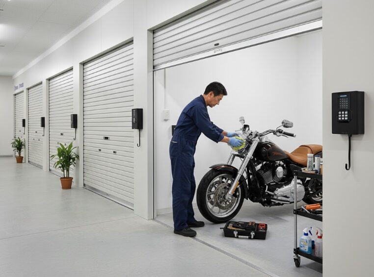 キュラーズ バイク パーキングで高価な大型バイクをメンテナンスする日本人オーナー