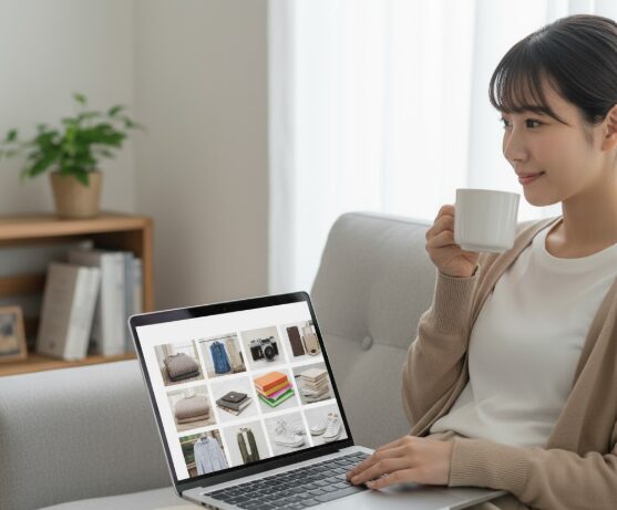 minikuraのMONOプランを利用し、預けた荷物をノートパソコンのマイページ上で写真一覧管理している日本人女性