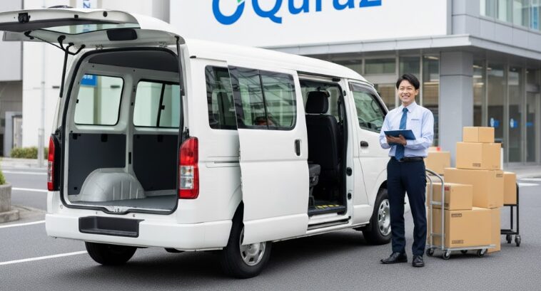 キュラーズの無料シャトルサービスをイメージした、荷物を積むための白いバン