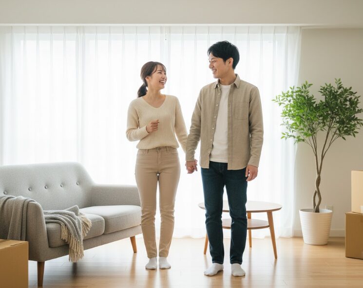引っ越しが完了し、荷物が少なくスッキリとした新居のリビングで喜ぶ日本人の若いカップル