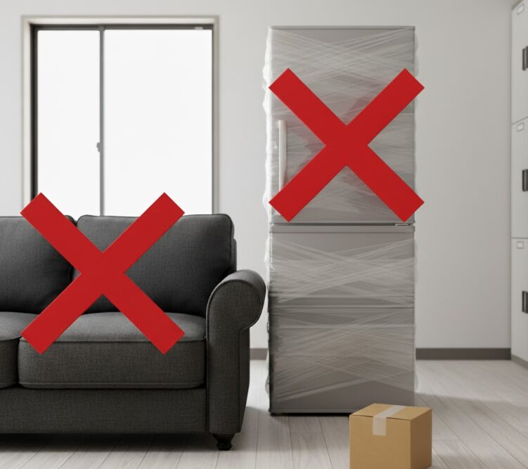 minikuraの小さな箱と、預け入れが禁止されている大きなソファと冷蔵庫の対比