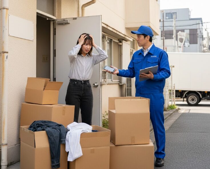 住所変更を忘れ、旧居のアパートに荷物が誤配送され、困惑する配達員と焦る女性を描いたイメージ