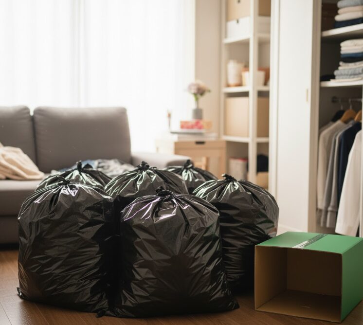 片付けサービスによって仕分けられ、不用品としてまとめられたゴミ袋が数点、部屋に置かれている様子。