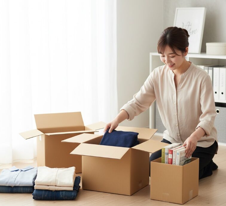 日本人女性が、仕分けした衣類や本を、minikuraのHAKOプランやMONOプラン(ロゴなし)用の保管ボックスに詰めている。