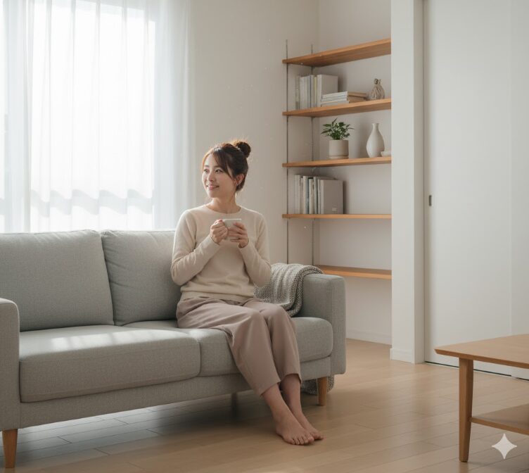 お片付けサービスを利用し、スッキリと片付いた明るいリビングで、満足そうにリラックスしている日本人女性。
