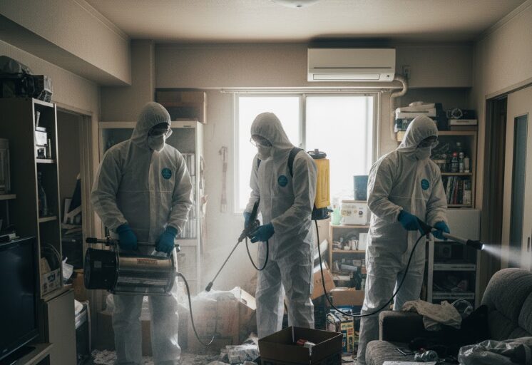 ゴミ屋敷清掃業者のスタッフが、マスクと手袋を着用し、専門の機材を使って部屋の消臭・消毒作業を行っている場面。