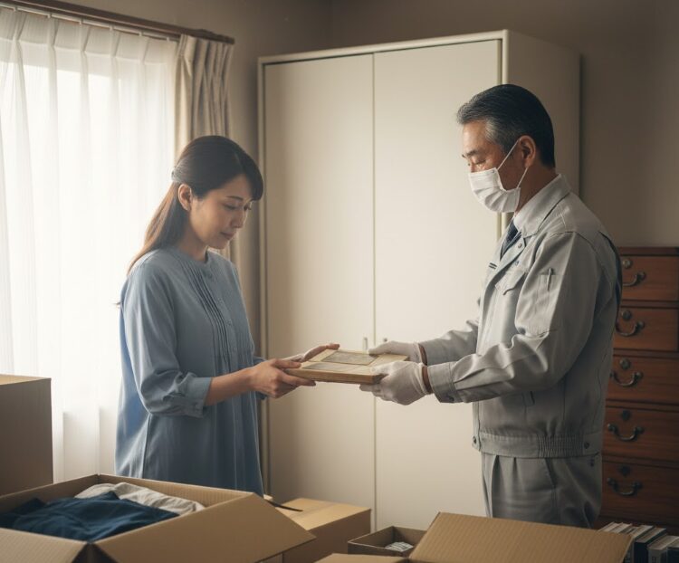  遺品整理の専門スタッフ（日本人）が、故人の部屋で古いアルバムを見つけ、遺族（日本人）に丁寧に手渡しながら確認しているシーン。