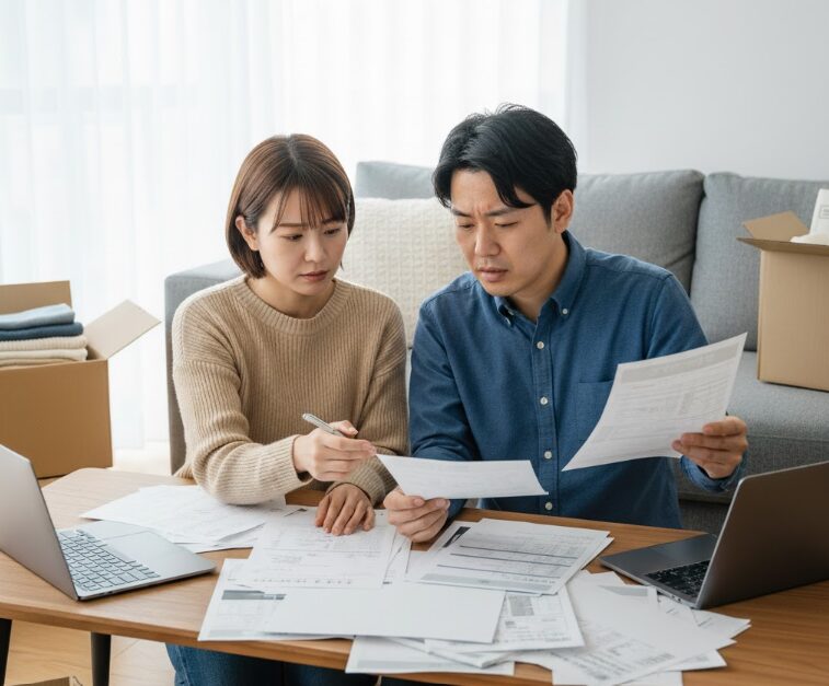 日本人夫婦がリビングで、片付け業者の複数社から受け取った書面の見積書を真剣に比較検討している様子。