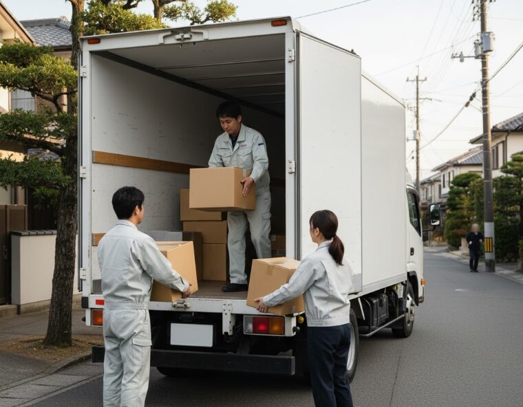 近所にバレないよう、社名ロゴのない無地のトラックに、ゴミ袋ではなくダンボール箱で荷物を運び出している片付け業者スタッフ