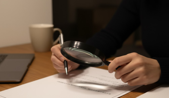 解約ペナルティについて契約書の詳細を虫眼鏡で確認しているアジア人の手元
