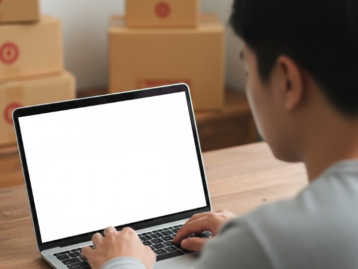 ノートパソコンでスペラボのマイページから解約申請をしているアジア人男性の背中越しのショット