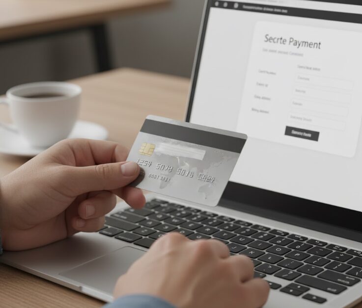 オンラインでの支払いをスムーズに行うために、ノートパソコンのキーボードの横でクレジットカードを持っている手元のクローズアップ