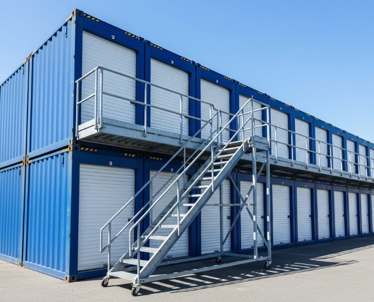 格安料金で提供されることが多い、屋外型トランクルームの2階部分と、そこにアクセスするための移動式階段(タラップ)の様子。