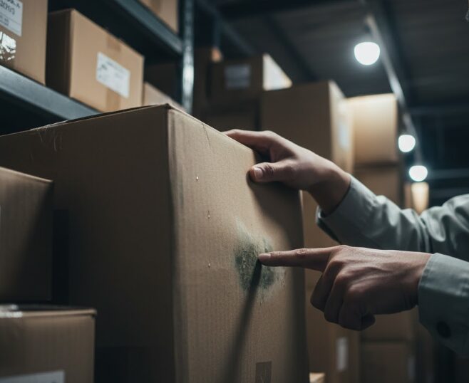 薄暗い倉庫内で段ボールの保管状態や湿気を確認し、カビや劣化のリスクを懸念している日本人の手元のイメージ。