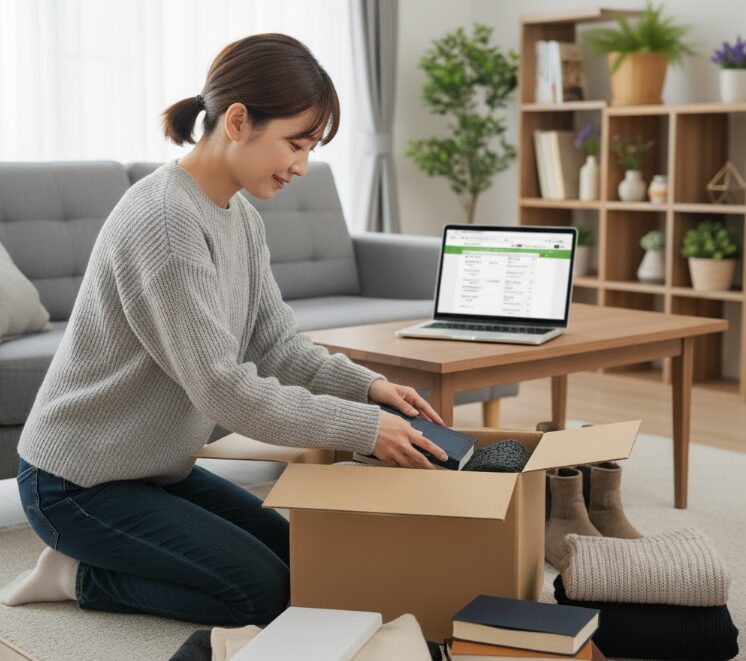 自宅のリビングで、宅配型収納サービス専用の段ボールボックスに季節外れの衣類や本を丁寧に詰めている様子。