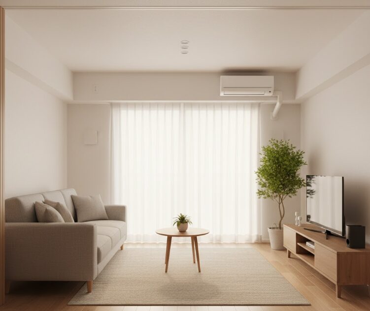 不用品をトランクルームに預けたことで、ミニマリストのようにすっきりと片付き、明るく広々とした理想的なリビングルーム。