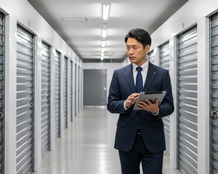 タブレットを片手に清潔な屋内型トランクルームの廊下を視察し、物件の実在性を確認しているスーツ姿の日本人男性投資家