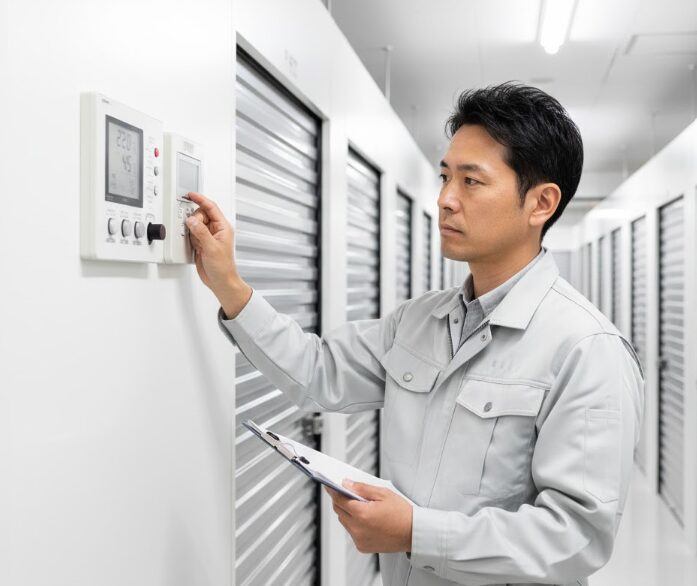 屋内型トランクルーム施設内で、空調設備のコントロールパネルを確認し、温度と湿度を厳しくチェックしている日本人管理者