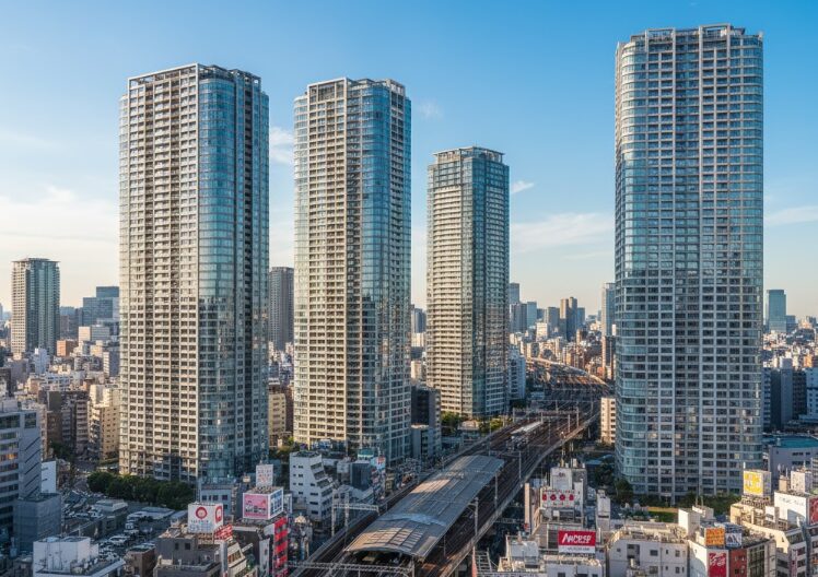 高層マンションが立ち並ぶ東京都心の駅周辺の風景。収納需要が高いエリアの象徴的な都市景観