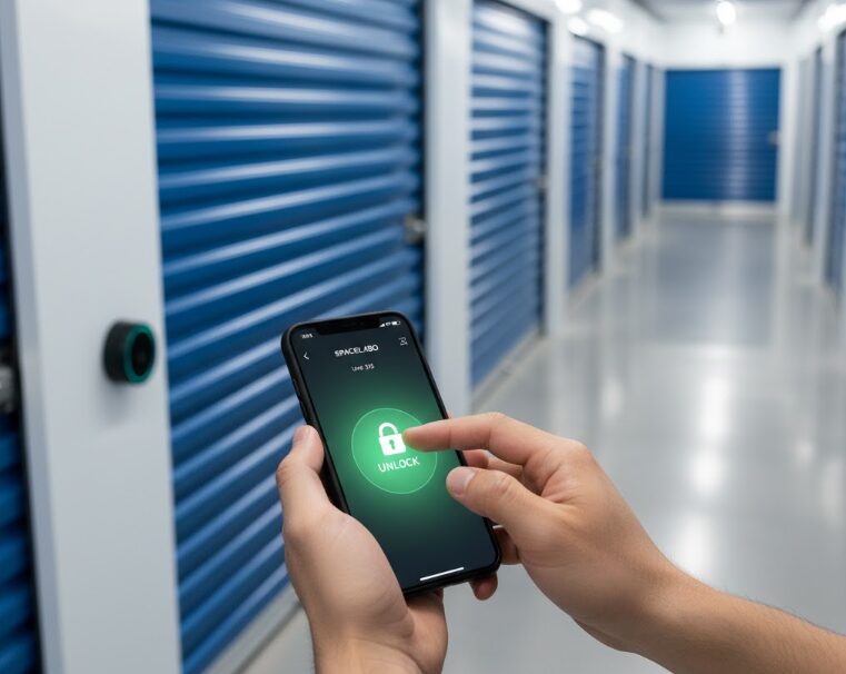 スマートフォンを使ってトランクルームのスマートロックを解錠しようとしているアジア人の手