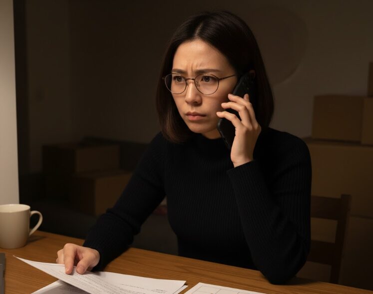 カスタマーサポートに電話をかけ、解約費用について不満そうな表情を浮かべる日本人女性