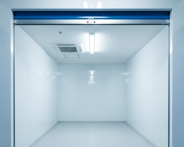 明るく清潔で、空調設備が天井に見えるスペラボの屋内トランクルームの廊下