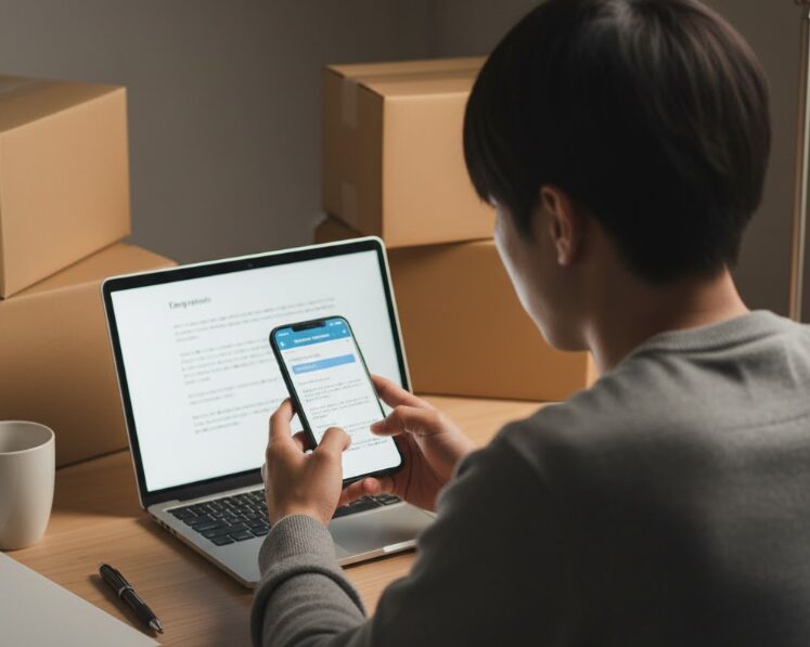 自宅の机で、スペラボの契約内容や注意点をスマートフォンで真剣に確認している日本人